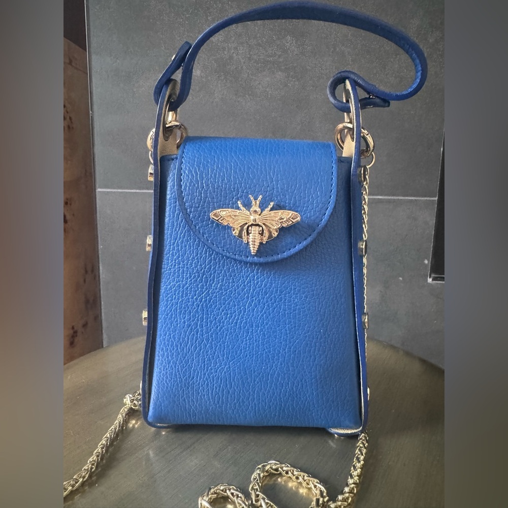 Blue Leather Crossbody Bag with Gold Accent